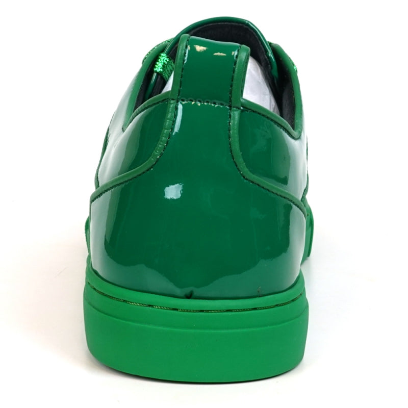 The FI-2415-2 Forest Green Patent Lace up Low Cut Leather Sneaker from Fiesso features a leather upper, shiny green laces, and metallic eyelets. Shown from an angled top view, this stylish sneaker offers both comfort and flair for casual wear.