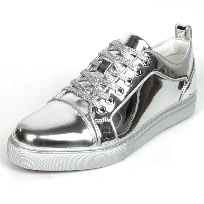 The FI-2415-2 Silver Patent Lace-up Low Cut Leather Sneaker by Fiesso features a metallic silver patent leather finish, complemented by white laces and a cushioned insole, showcased from the back view.