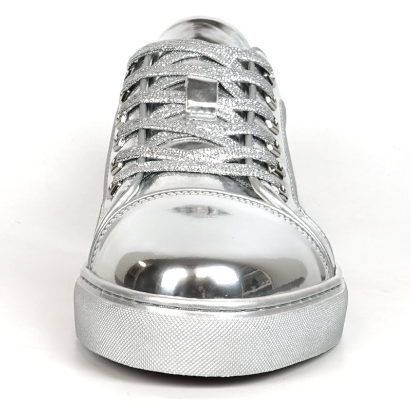 The FI-2415-2 Silver Patent Lace-up Low Cut Leather Sneaker by Fiesso features a metallic silver patent leather finish, complemented by white laces and a cushioned insole, showcased from the back view.