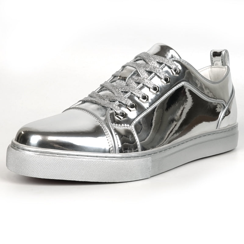 The FI-2415-2 Silver Patent Lace-up Low Cut Leather Sneaker by Fiesso features a metallic silver patent leather finish, complemented by white laces and a cushioned insole, showcased from the back view.