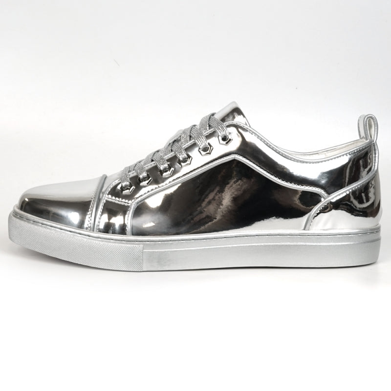 The FI-2415-2 Silver Patent Lace-up Low Cut Leather Sneaker by Fiesso features a metallic silver patent leather finish, complemented by white laces and a cushioned insole, showcased from the back view.