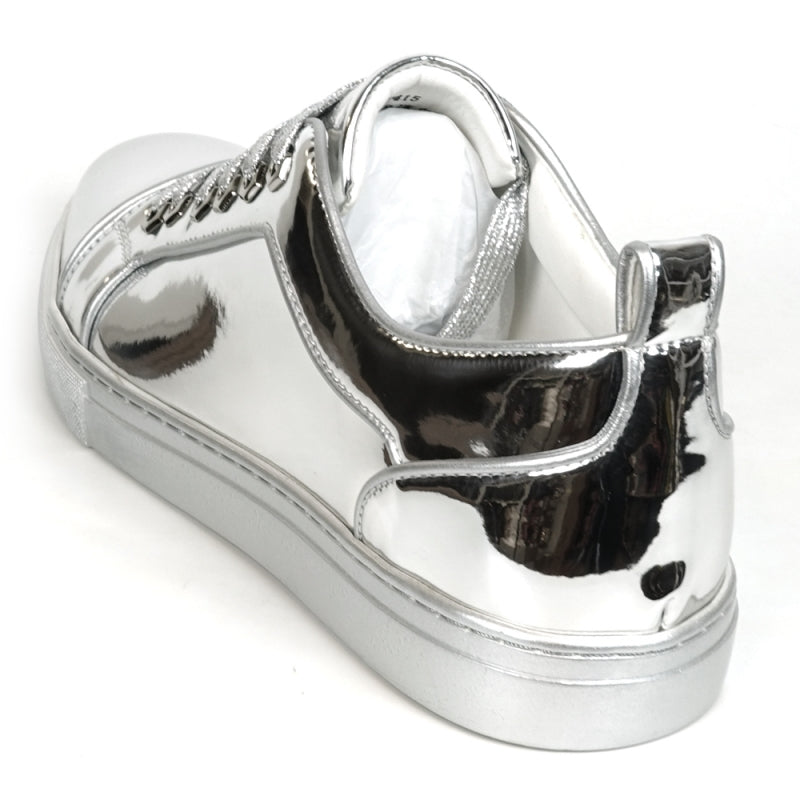 The FI-2415-2 Silver Patent Lace-up Low Cut Leather Sneaker by Fiesso features a metallic silver patent leather finish, complemented by white laces and a cushioned insole, showcased from the back view.