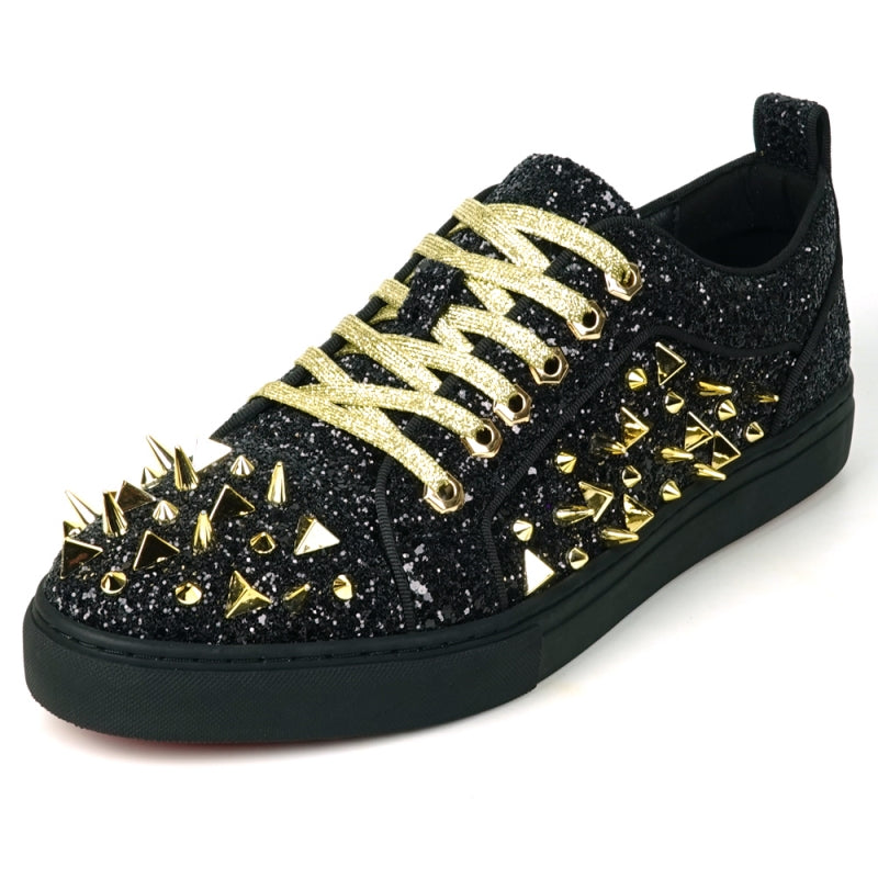 Featuring a striking close-up of the FI-2429 Black Glitter Gold Spikes Low Cut Sneaker Encore by Fiesso, this bold design highlights the shoe's black glitter surface complemented by gold spikes and laces. Embodying Fiesso's signature elegance, this high-fashion men's sneaker shines brilliantly, transforming each stride into a statement of style.