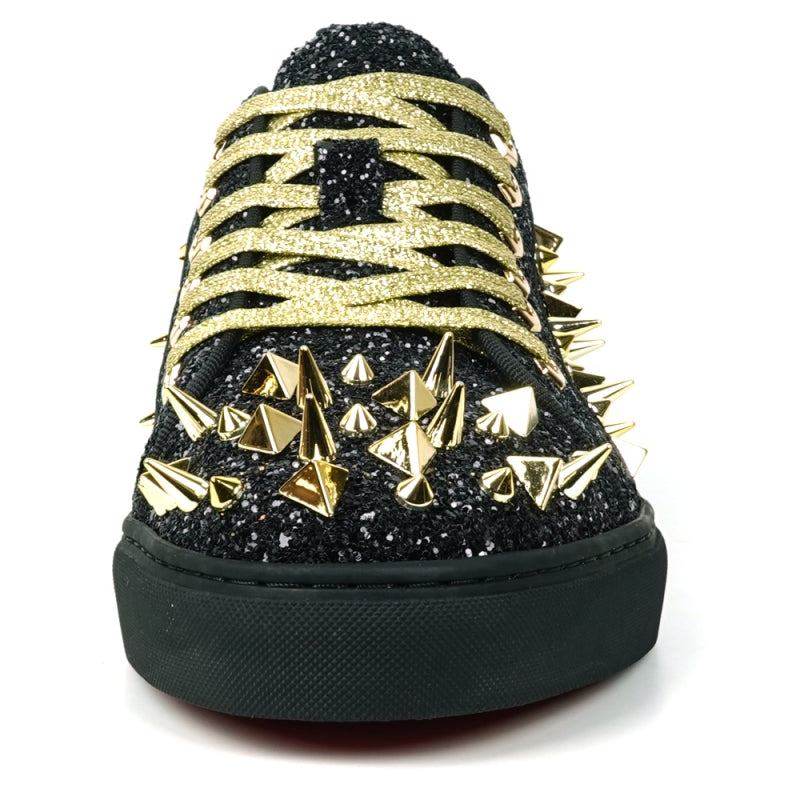 Featuring a striking close-up of the FI-2429 Black Glitter Gold Spikes Low Cut Sneaker Encore by Fiesso, this bold design highlights the shoe's black glitter surface complemented by gold spikes and laces. Embodying Fiesso's signature elegance, this high-fashion men's sneaker shines brilliantly, transforming each stride into a statement of style.