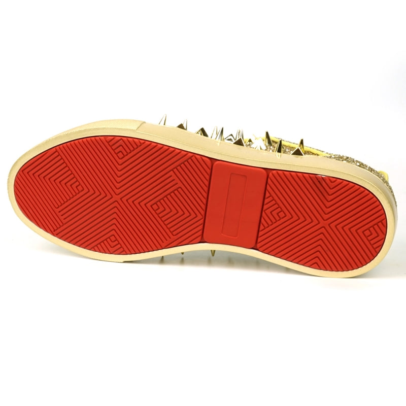 Introducing the FI-2429 Gold Glitter Gold Spikes Low Cut Sneaker Encore by Fiesso: This dazzling sneaker from Fiesso boasts a leather upper adorned with metallic spikes and studs on the toe and sides, complemented by a cushioned insole for ultimate comfort.