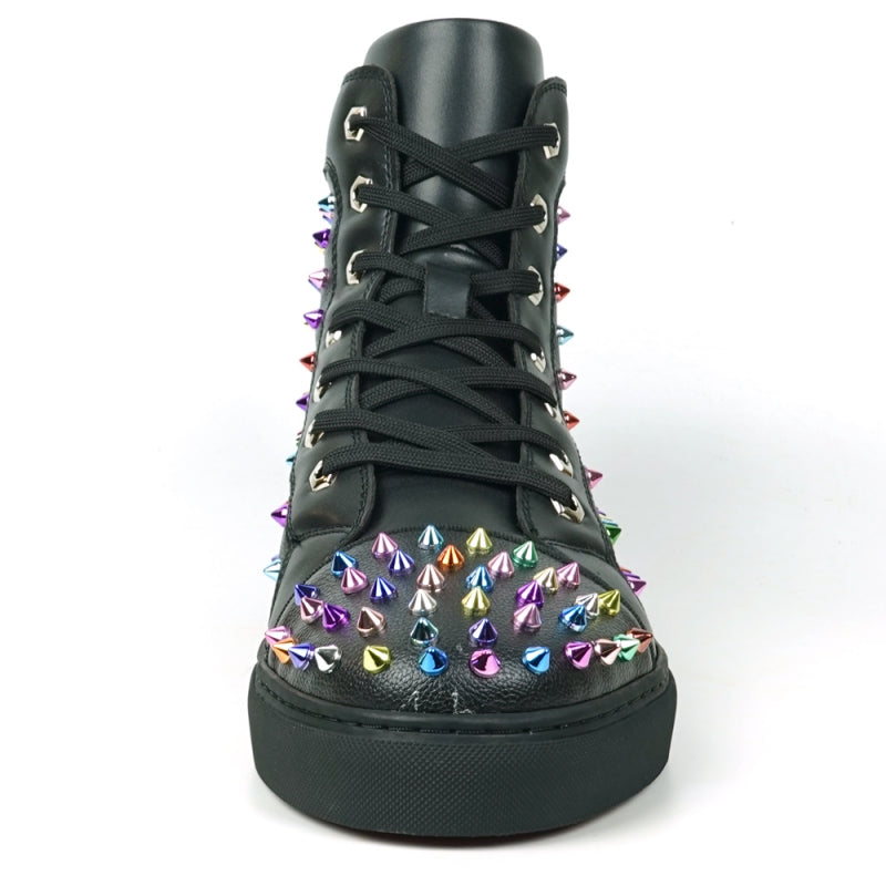 Introducing the FI-2430 Black Leather Multi Color Spikes High Top Sneaker Encore by Fiesso: This eye-catching sneaker showcases a sophisticated black high-top design embellished with vibrant metallic spikes on the toe, sides, and heel. It comes complete with sleek black laces and a durable rubber sole, making this bold piece from Fiesso an effortless way to elevate any outfit.