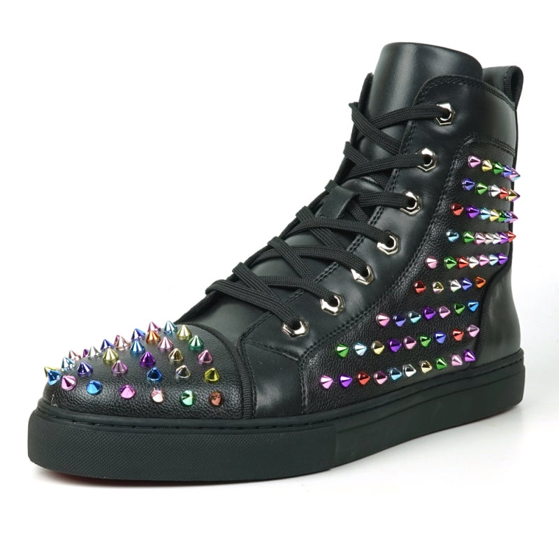 Introducing the FI-2430 Black Leather Multi Color Spikes High Top Sneaker Encore by Fiesso: This eye-catching sneaker showcases a sophisticated black high-top design embellished with vibrant metallic spikes on the toe, sides, and heel. It comes complete with sleek black laces and a durable rubber sole, making this bold piece from Fiesso an effortless way to elevate any outfit.