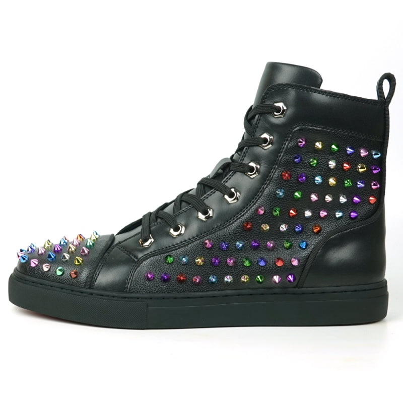 Introducing the FI-2430 Black Leather Multi Color Spikes High Top Sneaker Encore by Fiesso: This eye-catching sneaker showcases a sophisticated black high-top design embellished with vibrant metallic spikes on the toe, sides, and heel. It comes complete with sleek black laces and a durable rubber sole, making this bold piece from Fiesso an effortless way to elevate any outfit.