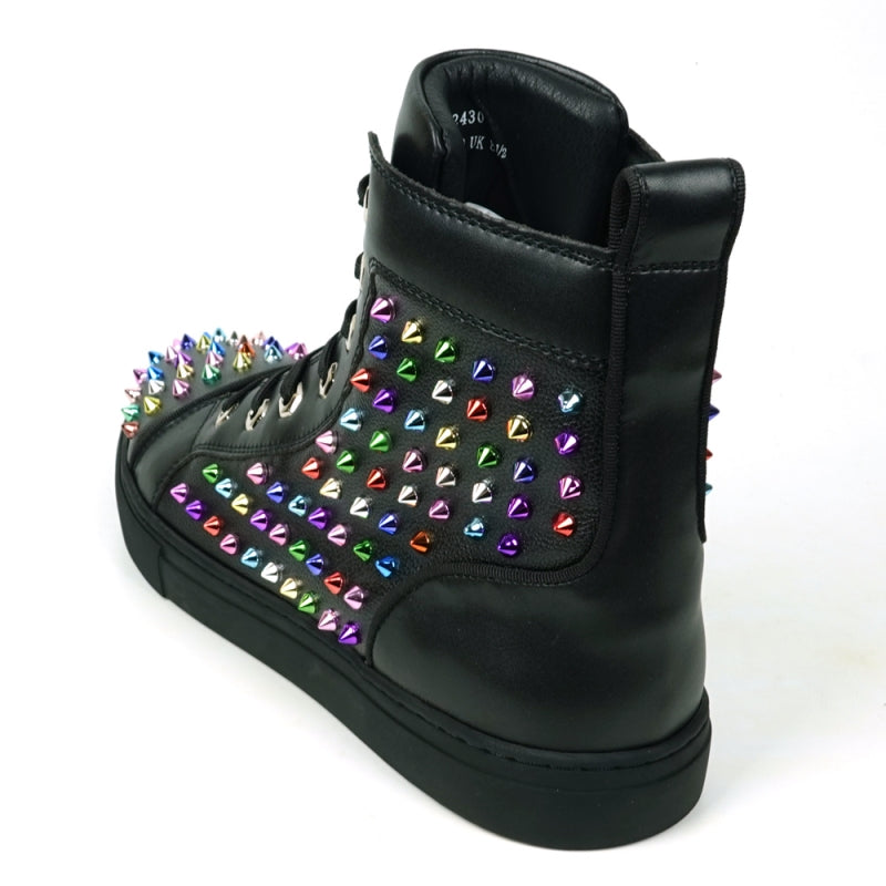 Introducing the FI-2430 Black Leather Multi Color Spikes High Top Sneaker Encore by Fiesso: This eye-catching sneaker showcases a sophisticated black high-top design embellished with vibrant metallic spikes on the toe, sides, and heel. It comes complete with sleek black laces and a durable rubber sole, making this bold piece from Fiesso an effortless way to elevate any outfit.