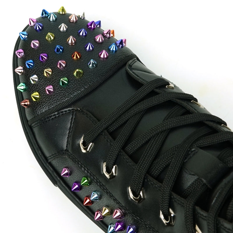 Introducing the FI-2430 Black Leather Multi Color Spikes High Top Sneaker Encore by Fiesso: This eye-catching sneaker showcases a sophisticated black high-top design embellished with vibrant metallic spikes on the toe, sides, and heel. It comes complete with sleek black laces and a durable rubber sole, making this bold piece from Fiesso an effortless way to elevate any outfit.