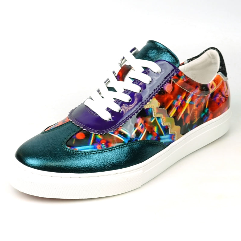 The FI-2431 MultiColor Lace up Low Cut Sneaker Encore by Fiesso is a vibrant sneaker with a leather upper showcasing teal, purple, and multicolored patterns. It features white laces on a glossy finish and includes a cushioned insole for enhanced comfort.