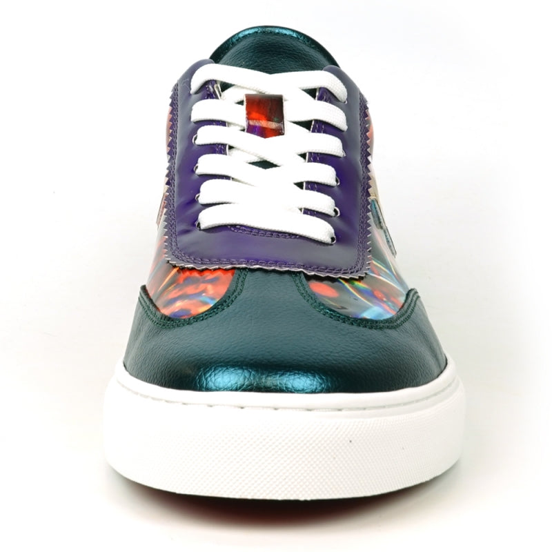 The FI-2431 MultiColor Lace up Low Cut Sneaker Encore by Fiesso is a vibrant sneaker with a leather upper showcasing teal, purple, and multicolored patterns. It features white laces on a glossy finish and includes a cushioned insole for enhanced comfort.