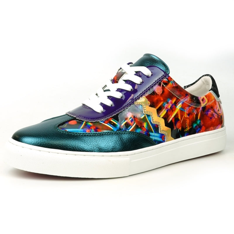 The FI-2431 MultiColor Lace up Low Cut Sneaker Encore by Fiesso is a vibrant sneaker with a leather upper showcasing teal, purple, and multicolored patterns. It features white laces on a glossy finish and includes a cushioned insole for enhanced comfort.