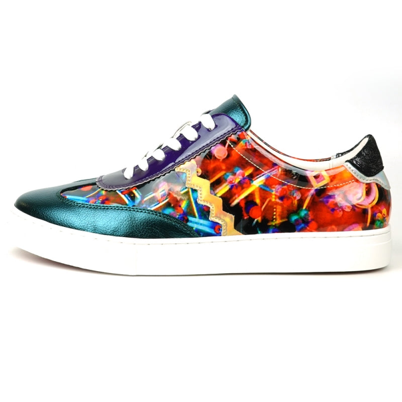 The FI-2431 MultiColor Lace up Low Cut Sneaker Encore by Fiesso is a vibrant sneaker with a leather upper showcasing teal, purple, and multicolored patterns. It features white laces on a glossy finish and includes a cushioned insole for enhanced comfort.