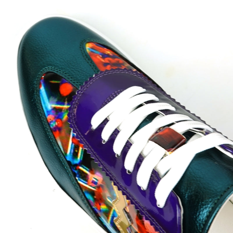 The FI-2431 MultiColor Lace up Low Cut Sneaker Encore by Fiesso is a vibrant sneaker with a leather upper showcasing teal, purple, and multicolored patterns. It features white laces on a glossy finish and includes a cushioned insole for enhanced comfort.