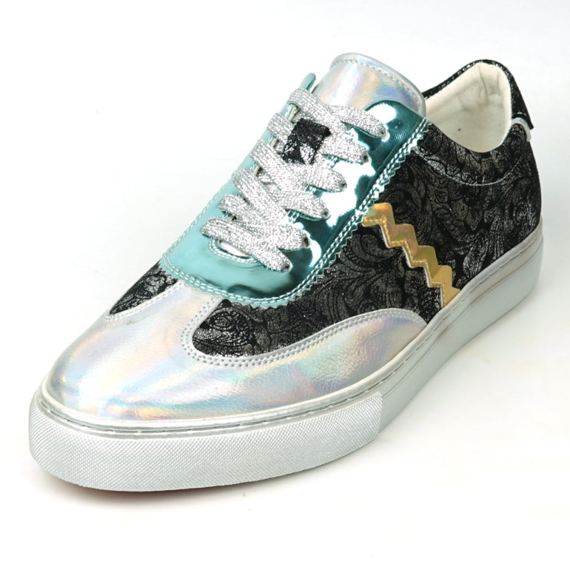 Step up your style with the FI-2431 Silver Multi Lace-Up Low Cut Sneaker Encore by Fiesso, showcasing a dynamic design that includes shiny turquoise and silver sections, glittery silver laces, intricate black lace-like patterns, and an eye-catching gold zigzag detail on the side.