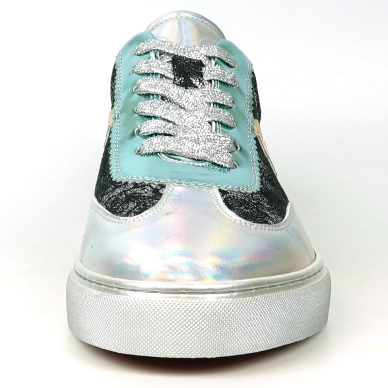 Step up your style with the FI-2431 Silver Multi Lace-Up Low Cut Sneaker Encore by Fiesso, showcasing a dynamic design that includes shiny turquoise and silver sections, glittery silver laces, intricate black lace-like patterns, and an eye-catching gold zigzag detail on the side.