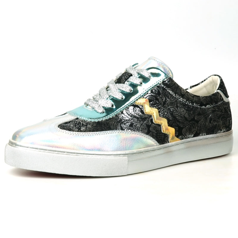 Step up your style with the FI-2431 Silver Multi Lace-Up Low Cut Sneaker Encore by Fiesso, showcasing a dynamic design that includes shiny turquoise and silver sections, glittery silver laces, intricate black lace-like patterns, and an eye-catching gold zigzag detail on the side.