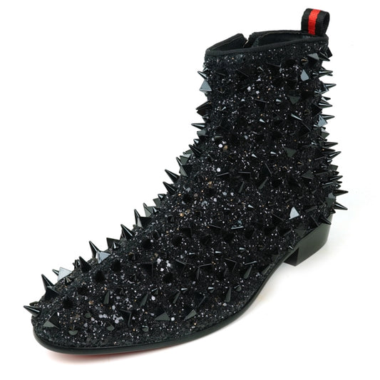 The FI-7527 Black Glitter Black Spikes Boot Encore by Fiesso adds a dazzling flair with its shiny spikes and glitter, offering a bold twist on traditional men's dress shoes.