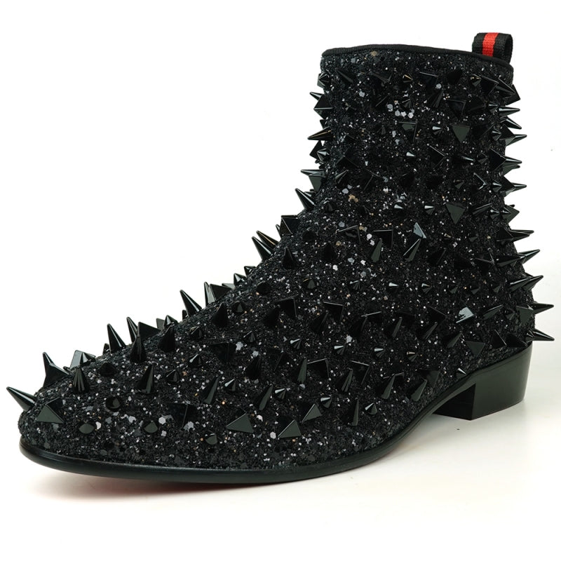 The FI-7527 Black Glitter Black Spikes Boot Encore by Fiesso adds a dazzling flair with its shiny spikes and glitter, offering a bold twist on traditional men's dress shoes.