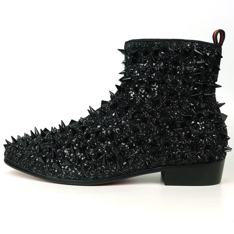 The FI-7527 Black Glitter Black Spikes Boot Encore by Fiesso adds a dazzling flair with its shiny spikes and glitter, offering a bold twist on traditional men's dress shoes.