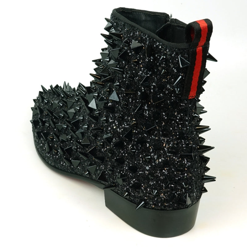 The FI-7527 Black Glitter Black Spikes Boot Encore by Fiesso adds a dazzling flair with its shiny spikes and glitter, offering a bold twist on traditional men's dress shoes.