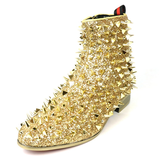 Close-up of the FI-7527 Gold Glitter Gold Spikes Boot Encore by Fiesso, featuring a sparkly gold surface embellished with an array of metallic spikes in different sizes and shapes, capturing the edgy elegance typical of high fashion sneakers against a plain background.