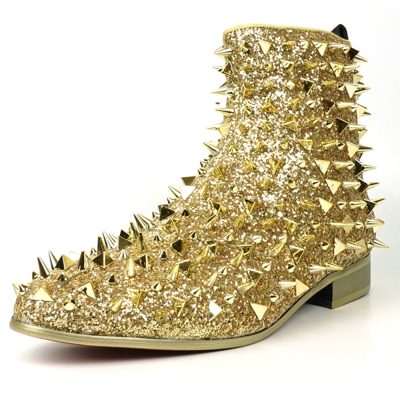 Close-up of the FI-7527 Gold Glitter Gold Spikes Boot Encore by Fiesso, featuring a sparkly gold surface embellished with an array of metallic spikes in different sizes and shapes, capturing the edgy elegance typical of high fashion sneakers against a plain background.