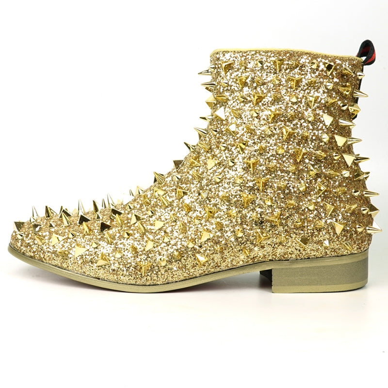 Close-up of the FI-7527 Gold Glitter Gold Spikes Boot Encore by Fiesso, featuring a sparkly gold surface embellished with an array of metallic spikes in different sizes and shapes, capturing the edgy elegance typical of high fashion sneakers against a plain background.