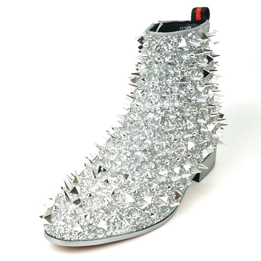 The FI-7527 Silver Glitter Silver Spikes Boot Encore by Fiesso captivates with its sparkling material and metallic spikes. Complemented by a low heel and red pull tab, it echoes the bold style of black glitter boots.