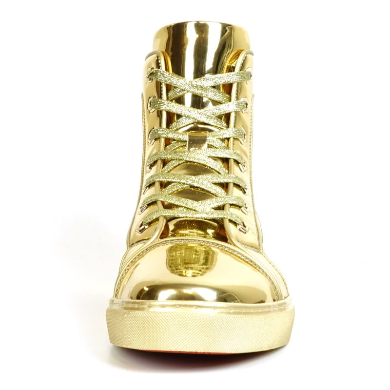 The FI-2416 Gold Patent Leather High Top Sneaker by Fiesso captivates with its lustrous metallic finish and coordinated laces, capturing high fashion in every step.