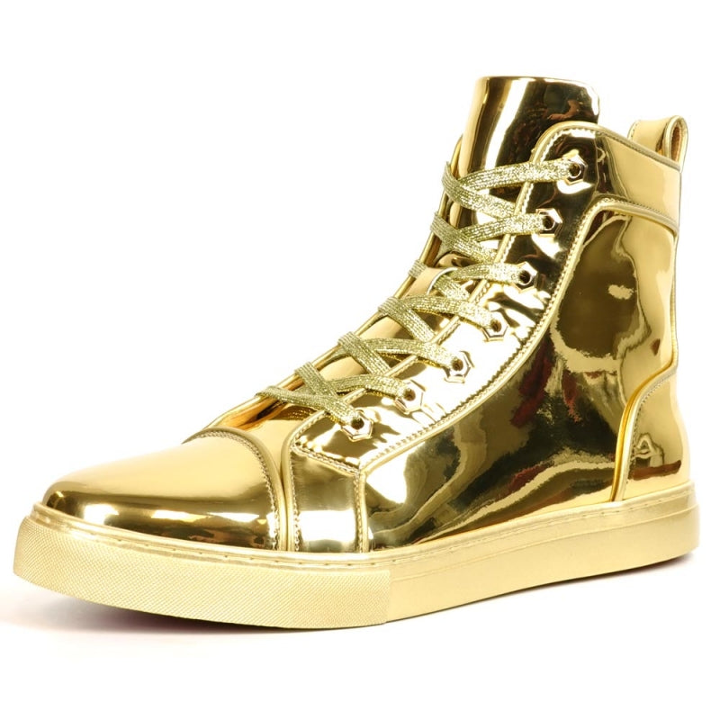 The FI-2416 Gold Patent Leather High Top Sneaker by Fiesso captivates with its lustrous metallic finish and coordinated laces, capturing high fashion in every step.