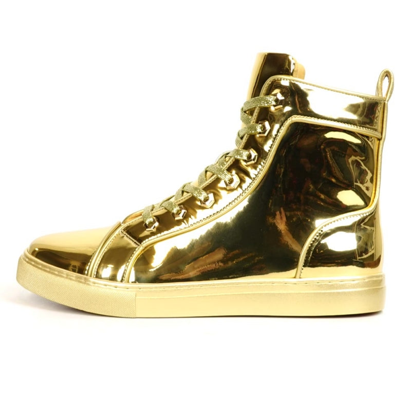 The FI-2416 Gold Patent Leather High Top Sneaker by Fiesso captivates with its lustrous metallic finish and coordinated laces, capturing high fashion in every step.