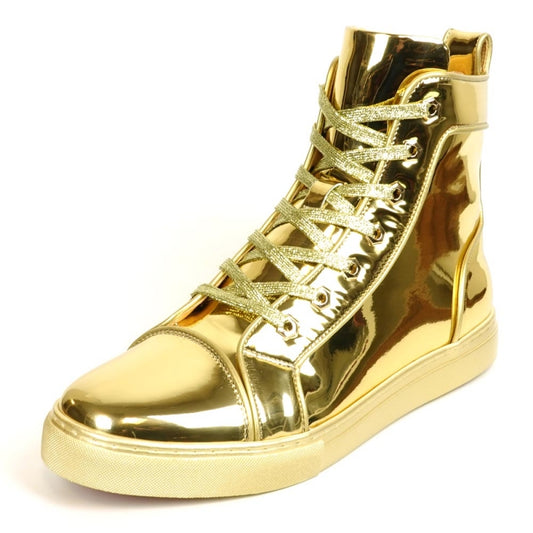 The FI-2416 Gold Patent Leather High Top Sneaker by Fiesso captivates with its lustrous metallic finish and coordinated laces, capturing high fashion in every step.