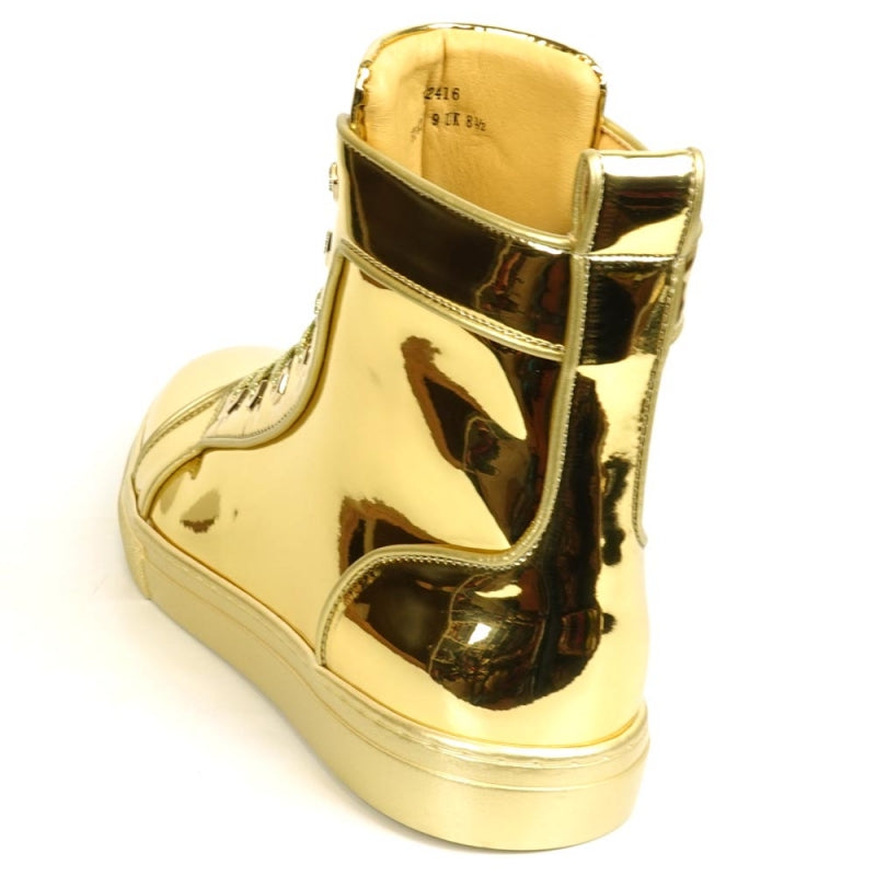 The FI-2416 Gold Patent Leather High Top Sneaker by Fiesso captivates with its lustrous metallic finish and coordinated laces, capturing high fashion in every step.