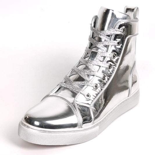 The image highlights the sole of the Fiesso FI-2416 Silver Patent Leather High Top Sneaker for men, displaying a striking red geometric pattern with white edges from an underside view. This design blends contemporary style with exceptional comfort for daily wear.