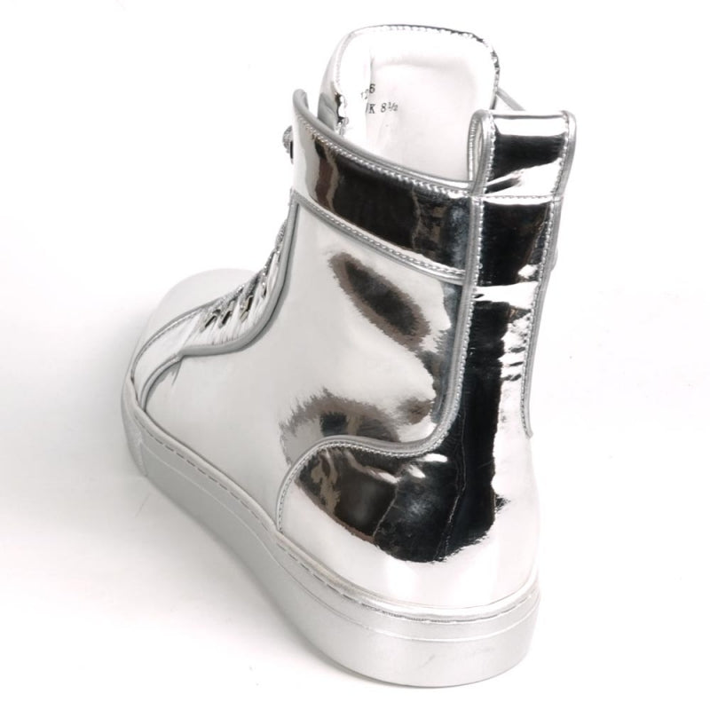 The image highlights the sole of the Fiesso FI-2416 Silver Patent Leather High Top Sneaker for men, displaying a striking red geometric pattern with white edges from an underside view. This design blends contemporary style with exceptional comfort for daily wear.