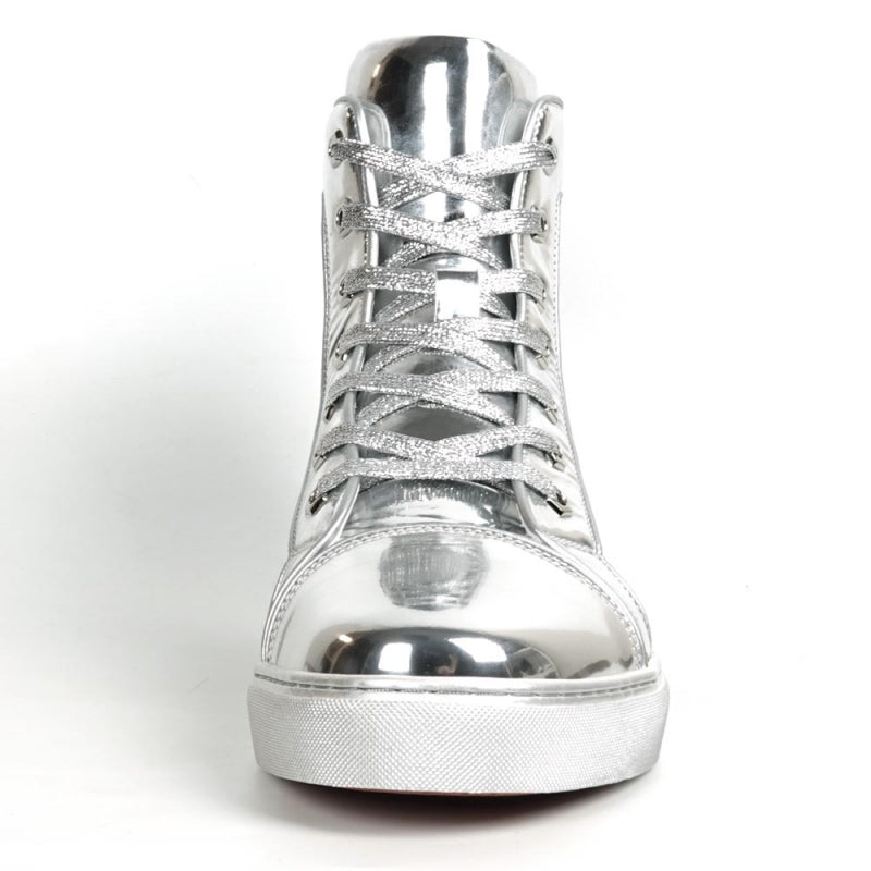 The image highlights the sole of the Fiesso FI-2416 Silver Patent Leather High Top Sneaker for men, displaying a striking red geometric pattern with white edges from an underside view. This design blends contemporary style with exceptional comfort for daily wear.