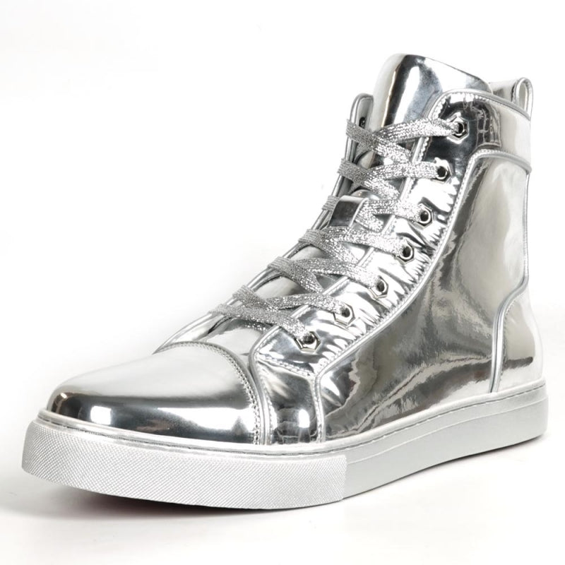 The image highlights the sole of the Fiesso FI-2416 Silver Patent Leather High Top Sneaker for men, displaying a striking red geometric pattern with white edges from an underside view. This design blends contemporary style with exceptional comfort for daily wear.