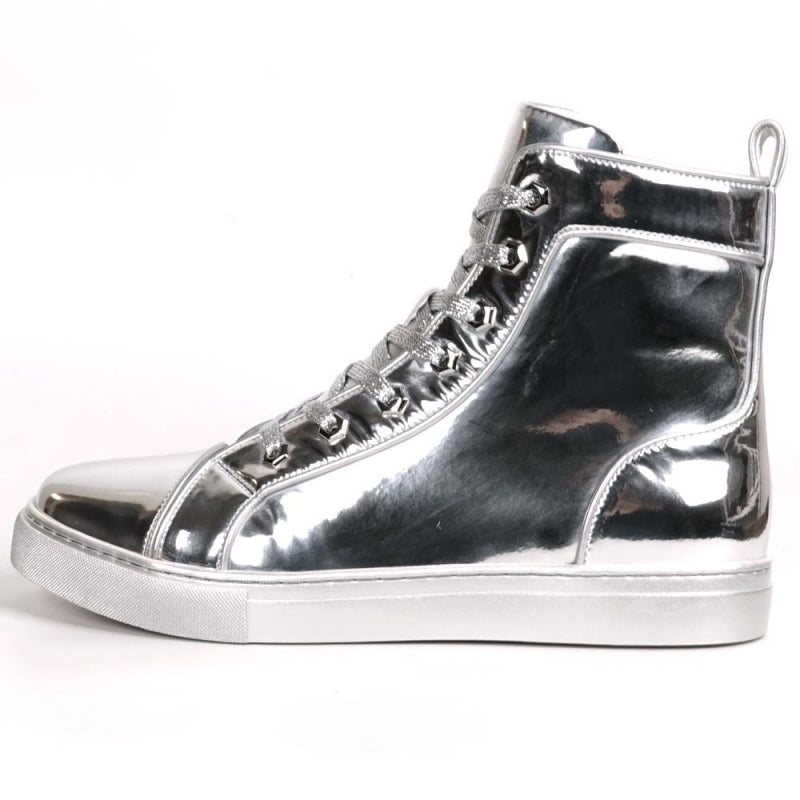 The image highlights the sole of the Fiesso FI-2416 Silver Patent Leather High Top Sneaker for men, displaying a striking red geometric pattern with white edges from an underside view. This design blends contemporary style with exceptional comfort for daily wear.