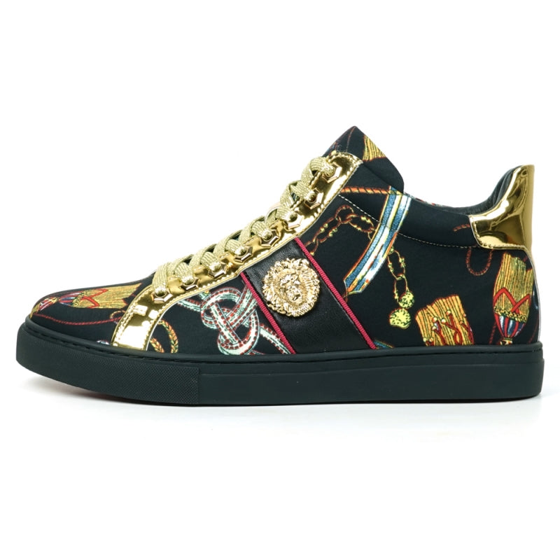 The FI-2385 Black High Top Sneaker from the Encore by Fiesso collection features a leather upper, black base, eye-catching colorful patterns, gold metallic accents, and distinctive gold glitter laces. This sneaker seamlessly combines style and flair.