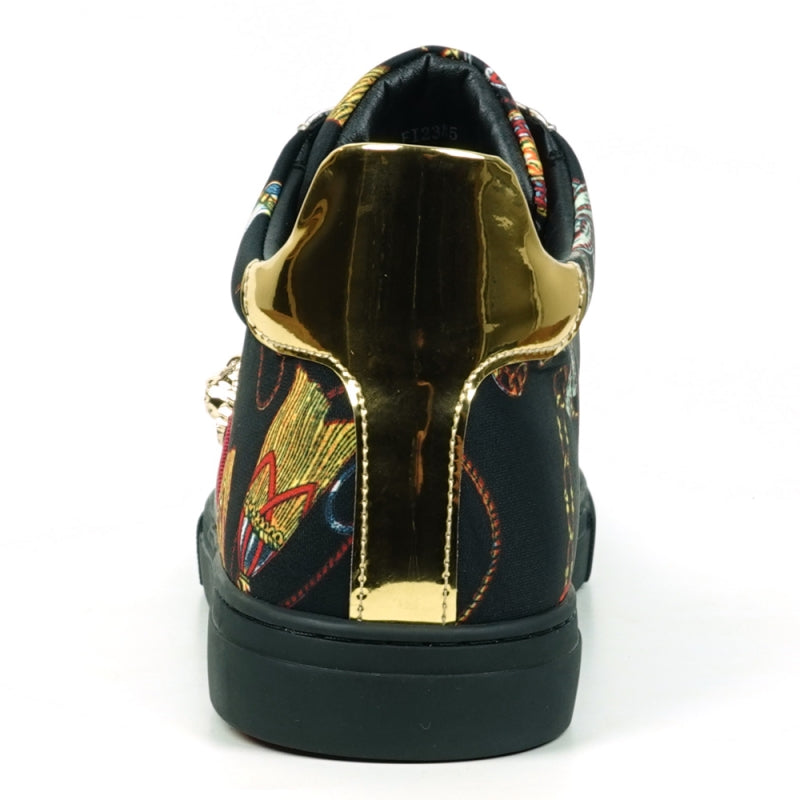 The FI-2385 Black High Top Sneaker from the Encore by Fiesso collection features a leather upper, black base, eye-catching colorful patterns, gold metallic accents, and distinctive gold glitter laces. This sneaker seamlessly combines style and flair.