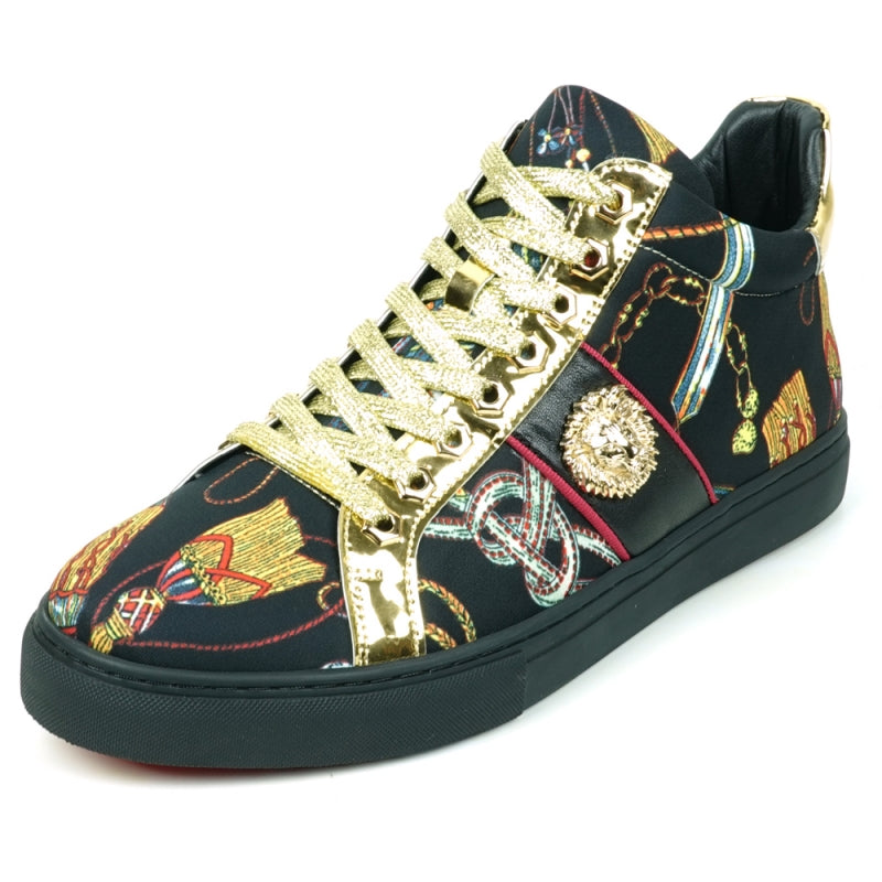 The FI-2385 Black High Top Sneaker from the Encore by Fiesso collection features a leather upper, black base, eye-catching colorful patterns, gold metallic accents, and distinctive gold glitter laces. This sneaker seamlessly combines style and flair.