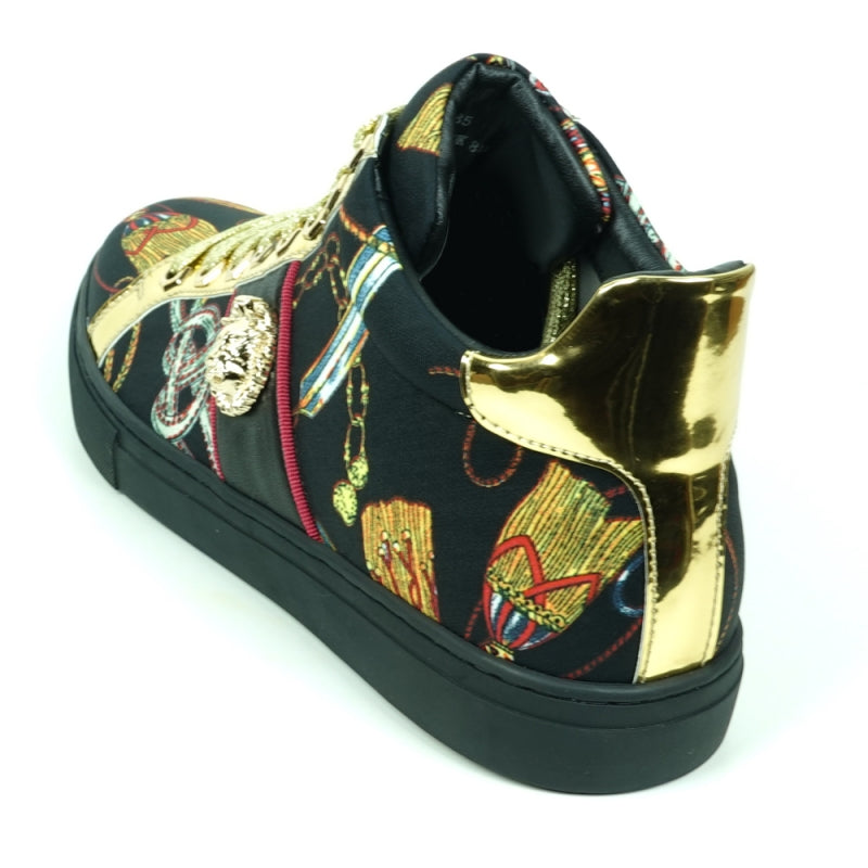 The FI-2385 Black High Top Sneaker from the Encore by Fiesso collection features a leather upper, black base, eye-catching colorful patterns, gold metallic accents, and distinctive gold glitter laces. This sneaker seamlessly combines style and flair.