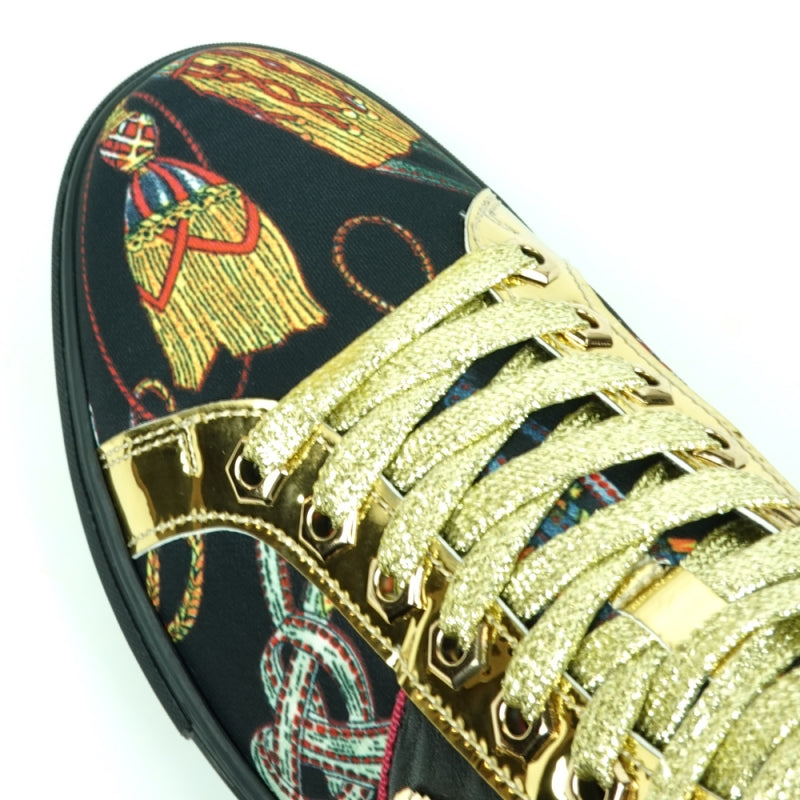 The FI-2385 Black High Top Sneaker from the Encore by Fiesso collection features a leather upper, black base, eye-catching colorful patterns, gold metallic accents, and distinctive gold glitter laces. This sneaker seamlessly combines style and flair.