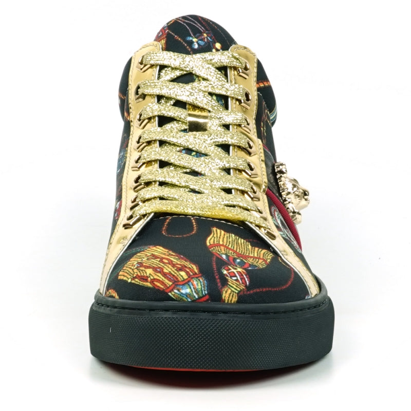 The FI-2385 Black High Top Sneaker from the Encore by Fiesso collection features a leather upper, black base, eye-catching colorful patterns, gold metallic accents, and distinctive gold glitter laces. This sneaker seamlessly combines style and flair.