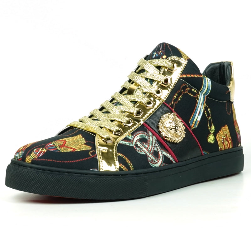 The FI-2385 Black High Top Sneaker from the Encore by Fiesso collection features a leather upper, black base, eye-catching colorful patterns, gold metallic accents, and distinctive gold glitter laces. This sneaker seamlessly combines style and flair.