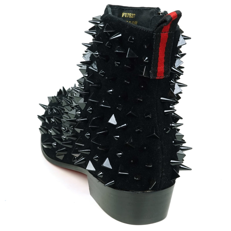 Underside view of the FI-7527 Black Suede Black Spikes Boot Encore by Fiesso featuring a shiny red sole and a black upper embellished with numerous spikes, reminiscent of bold men's dress shoes.