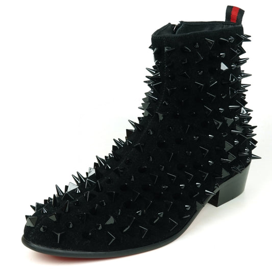 Underside view of the FI-7527 Black Suede Black Spikes Boot Encore by Fiesso featuring a shiny red sole and a black upper embellished with numerous spikes, reminiscent of bold men's dress shoes.