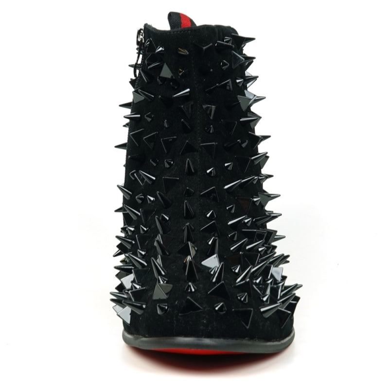 Underside view of the FI-7527 Black Suede Black Spikes Boot Encore by Fiesso featuring a shiny red sole and a black upper embellished with numerous spikes, reminiscent of bold men's dress shoes.